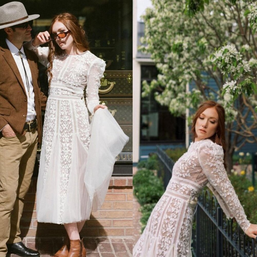 Bronx and Banco‎ Megan Midi Dress White Floral Embroidered Mesh Bridal Size XS - Picture 15 of 16